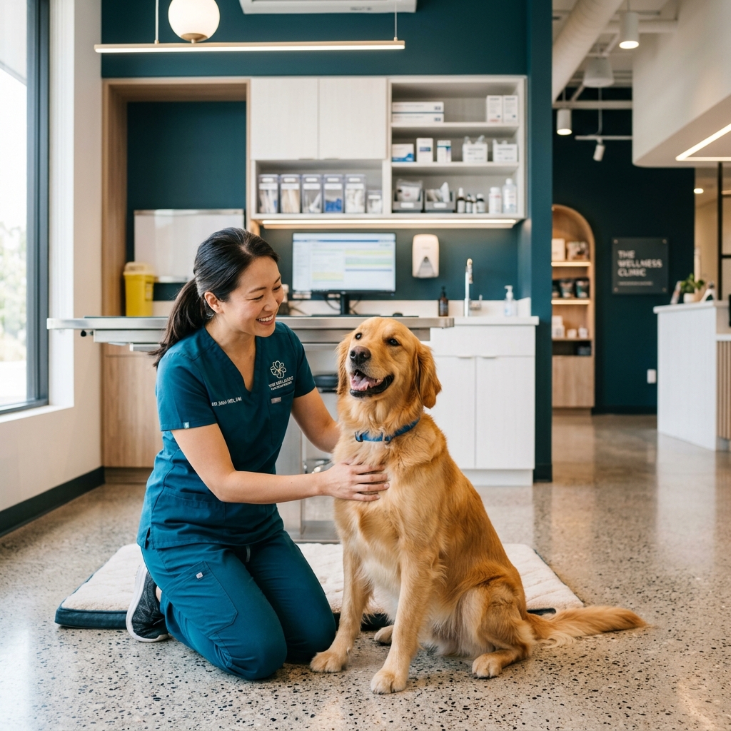 Veterinario in una moderna sala visita mentre controlla un cane con il proprietario vicino
