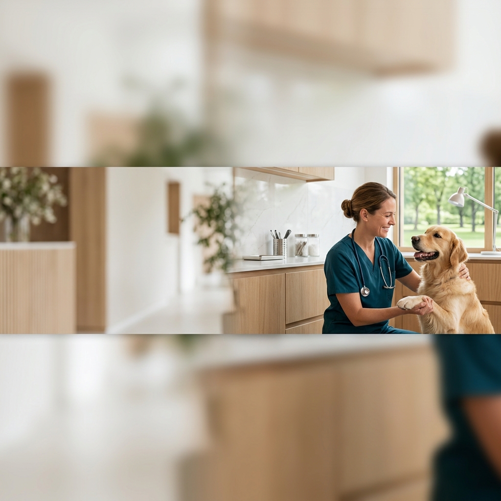 Veterinario in una moderna sala visita mentre controlla un cane con il proprietario vicino